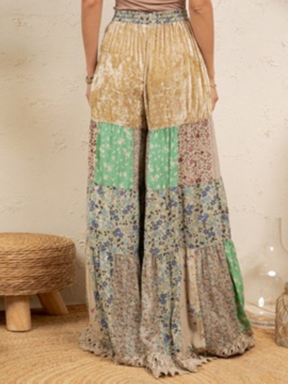 BOHO TIERED PATCHWORK FLARE VELVET PANTS-VELVET DRAWSTRING WAIST-FALL DROP - Picture 3 of 5